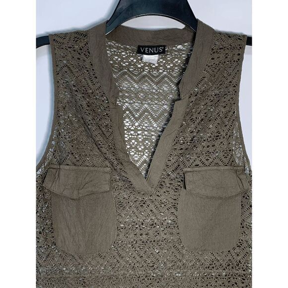 Venus Women's Fully Open Lace Sleeveless Flap Pocket Blouse Olive Small - Picture 7 of 9